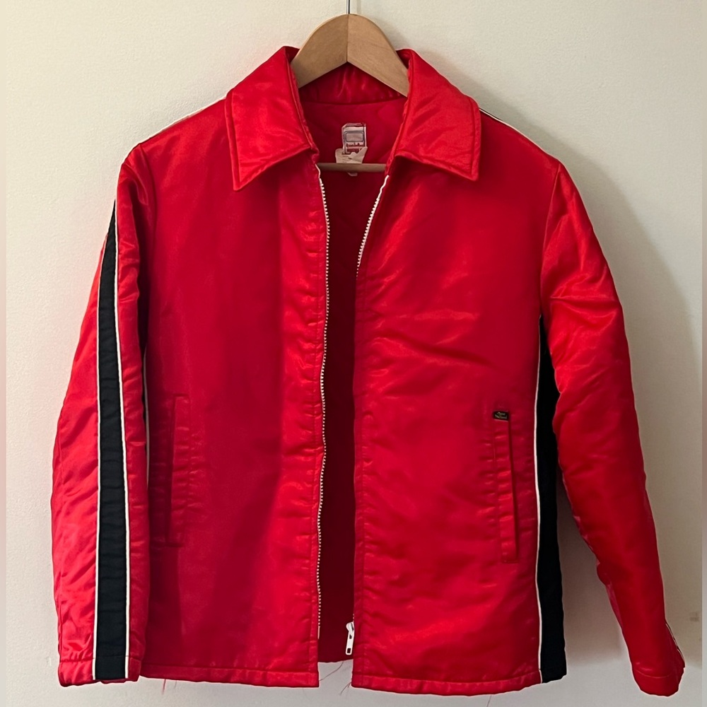 Vintage Red and Black Satin Jacket with Arm Stripes - Size Medium